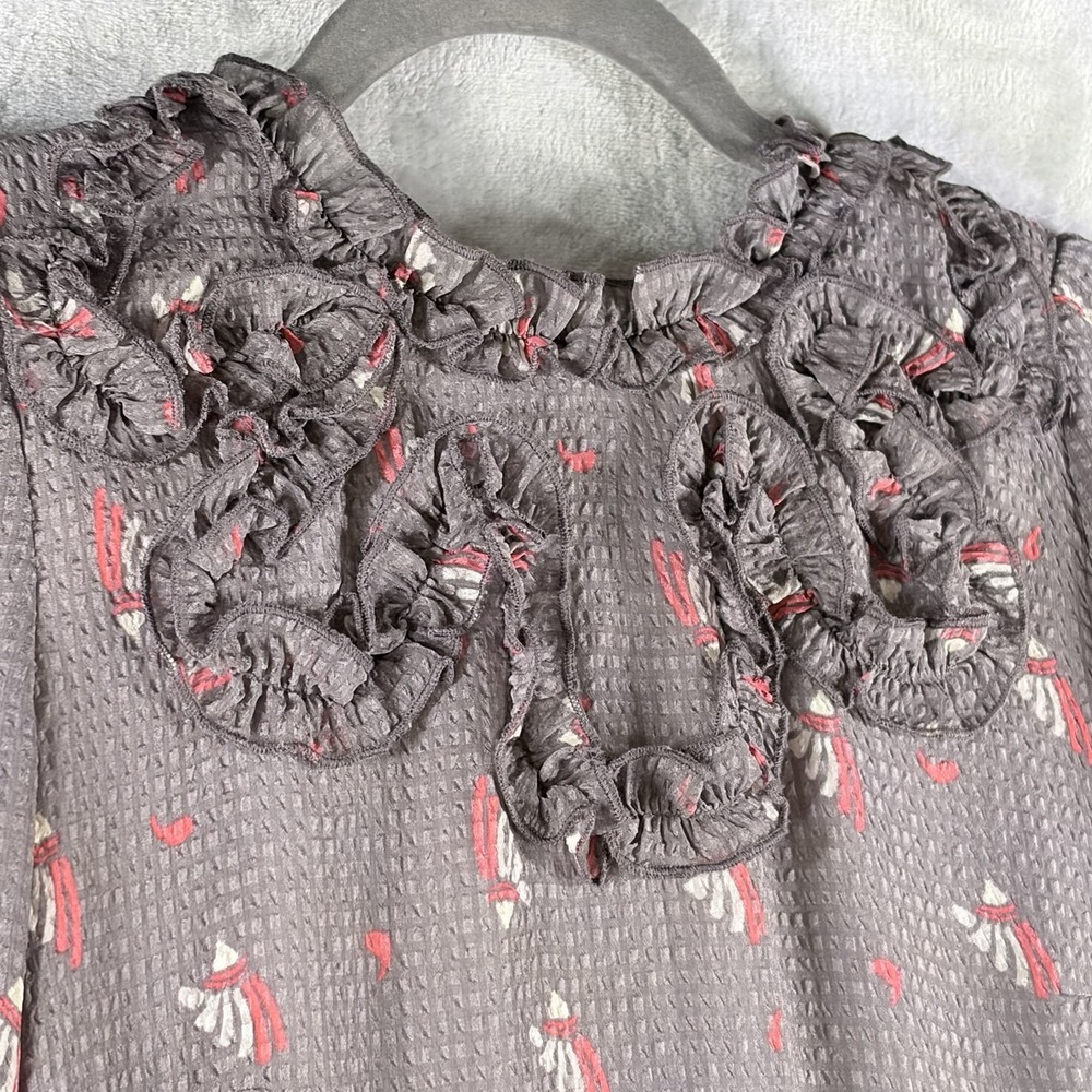 Free People Rosette Ruffle Neck Long Sleeve Mini Dress Gray Romantic Floral 0 XS - Picture 3 of 9
